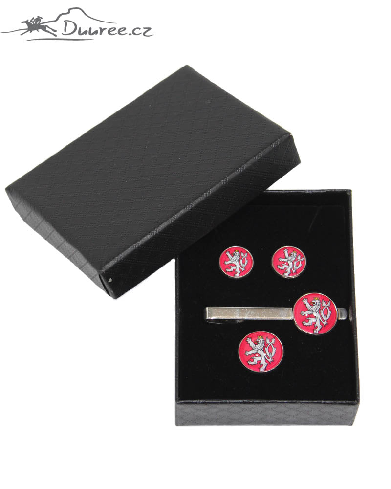 Set Manschettenknöpfe, Krawattenklammer und Brosche Český Lev
