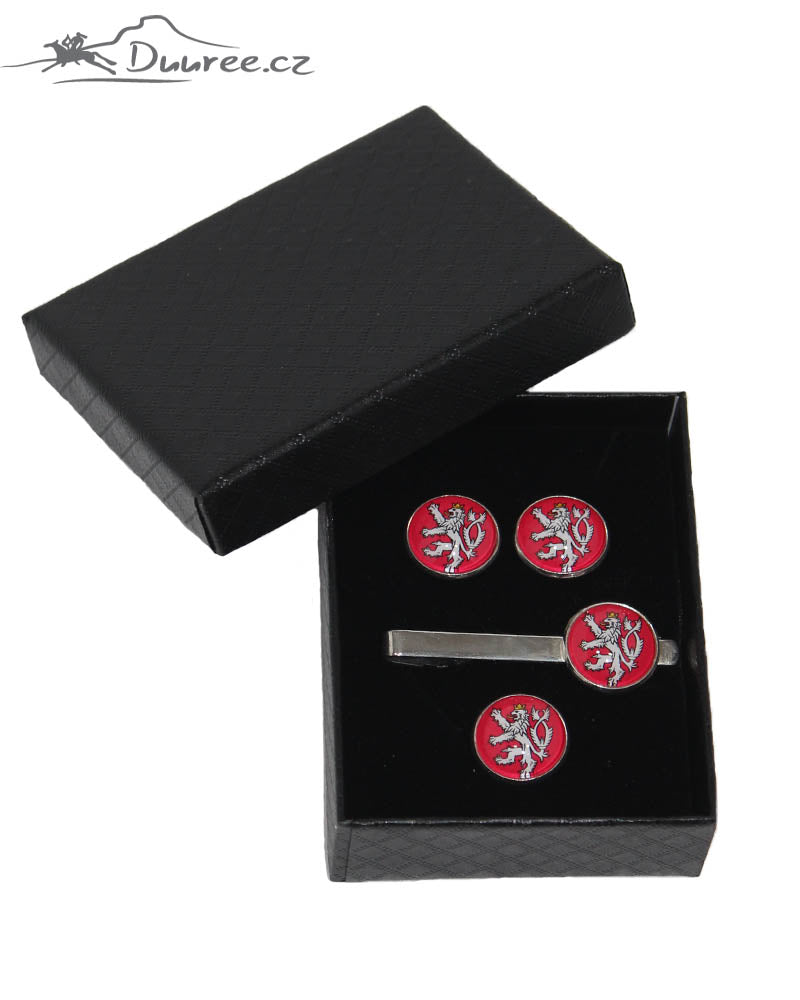 Set Manschettenknöpfe, Krawattenklammer und Brosche Český Lev
